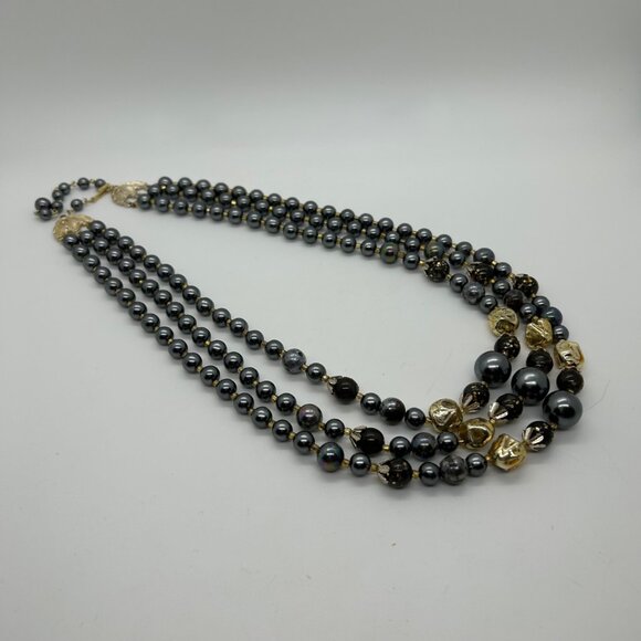 Vintage Three-Strand Gray Gold Iridescent Bead Faux & Pearls Prom Formal - Picture 3 of 16